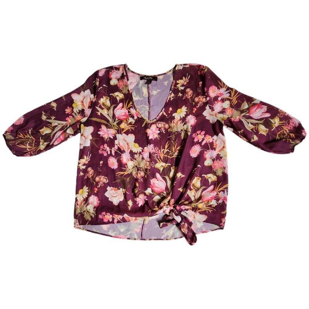 Sweet Pea purple pink yellow green white floral print v neck 3/4 sleeve top sz L